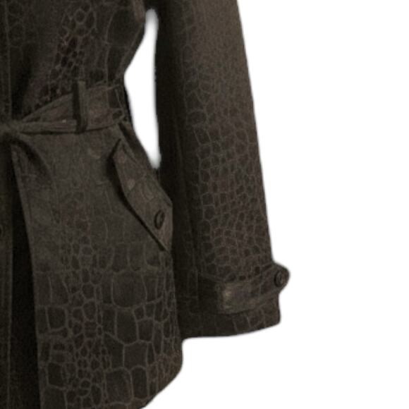Bisou Bisou Croc Print Belted Jacket Brown/Black Faux Leather Look Trench Size L - Picture 9 of 13